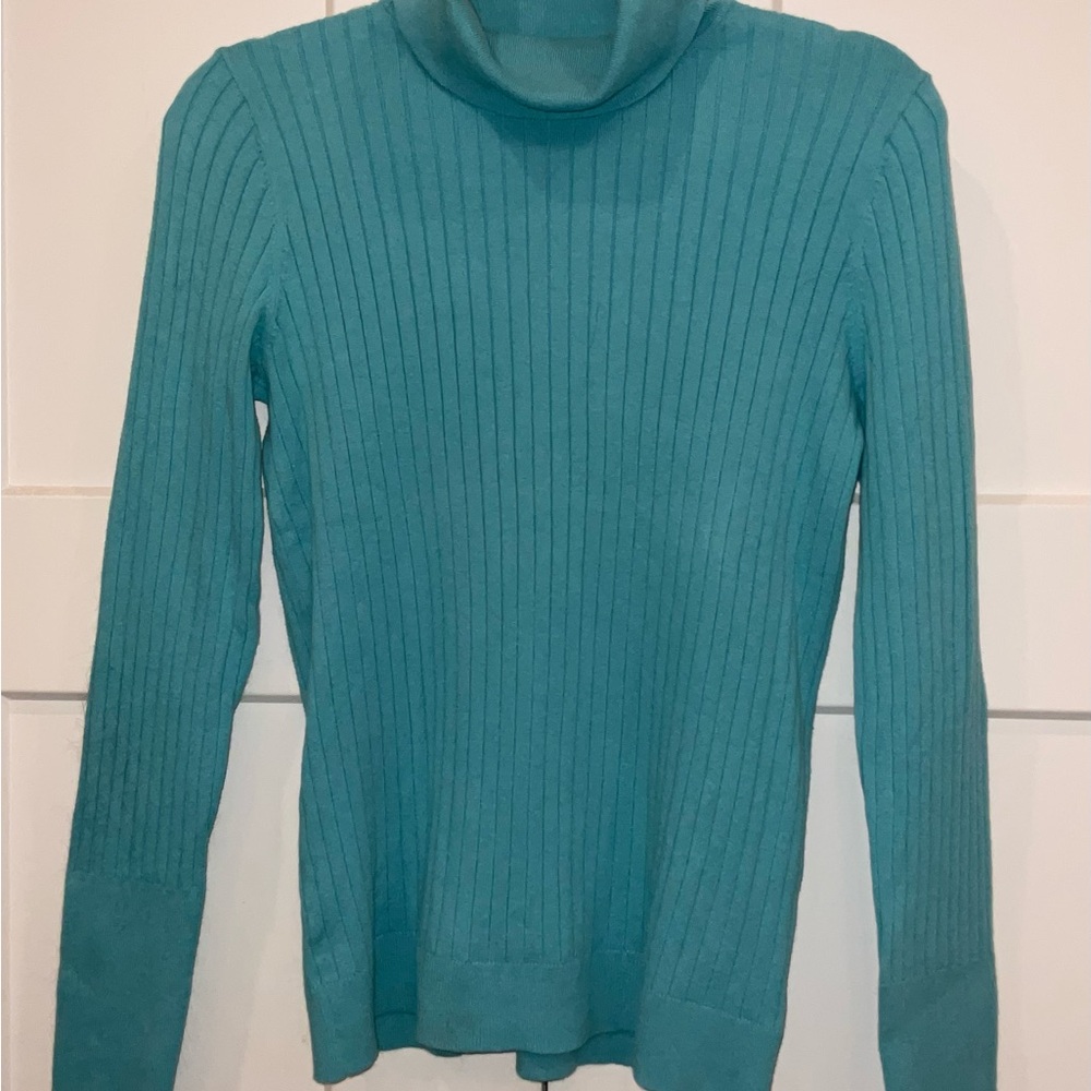 Talbots Blue Ribbed Cowl Turtleneck Sweater